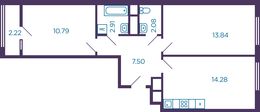 Планировка 2-комнатной квартиры, 52,51 м2