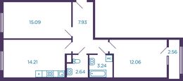 Планировка 2-комнатной квартиры, 56,45 м2
