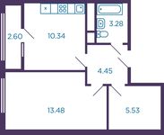 Планировка 1-комнатной квартиры, 38,38 м2