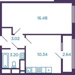 Планировка 1-комнатной квартиры, 34,41 м2