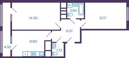 Планировка 2-комнатной квартиры, 49,4 м2