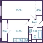Планировка 1-комнатной квартиры, 34,37 м2