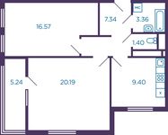 Планировка 2-комнатной квартиры, 60,88 м2
