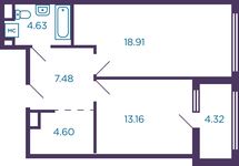Планировка 1-комнатной квартиры, 50,94 м2