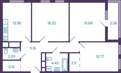 Планировка 3-комнатной квартиры, 81,77 м2