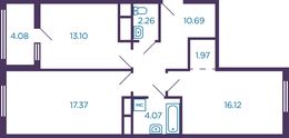 Планировка 2-комнатной квартиры, 67,62 м2