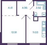 Планировка 1-комнатной квартиры, 38,23 м2