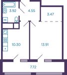 Планировка 1-комнатной квартиры, 40,01 м2