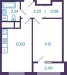 Планировка 1-комнатной квартиры, 33,58 м2