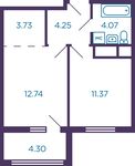 Планировка 1-комнатной квартиры, 38,31 м2