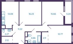 Планировка 3-комнатной квартиры, 82,74 м2