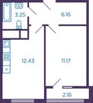 Планировка 1-комнатной квартиры, 34,09 м2