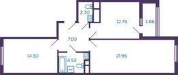Планировка 2-комнатной квартиры, 65,05 м2