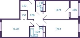 Планировка 2-комнатной квартиры, 67,7 м2