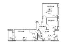 Планировка 3-комнатной квартиры, 68,6 м2