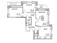 Планировка 3-комнатной квартиры, 71,4 м2