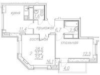 Планировка 2-комнатной квартиры, 53,6 м2