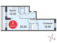 Планировка 2-комнатной квартиры, 68 м2
