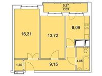Планировка 2-комнатной квартиры, 55,25 м2