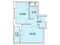 Планировка 1-комнатной квартиры, 34,57 м2