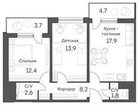 Планировка 3-комнатной квартиры, 60,7 м2
