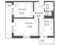 Планировка 2-комнатной квартиры, 57 м2