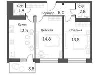 Планировка 2-комнатной квартиры, 56,6 м2