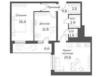 Планировка 3-комнатной квартиры, 69,3 м2