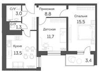 Планировка 2-комнатной квартиры, 56,4 м2