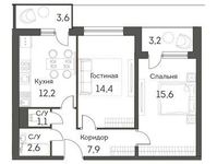 Планировка 2-комнатной квартиры, 56,5 м2