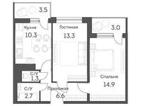 Планировка 2-комнатной квартиры, 52,8 м2