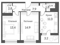 Планировка 2-комнатной квартиры, 54,3 м2