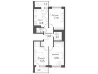 Планировка 3-комнатной квартиры, 74,6 м2