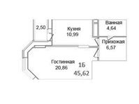 Планировка 1-комнатной квартиры, 45,62 м2