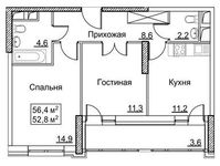 Планировка 2-комнатной квартиры, 56,4 м2