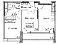 Планировка 2-комнатной квартиры, 55,9 м2