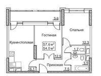 Планировка 2-комнатной квартиры, 57,6 м2