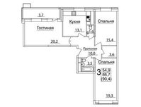 Планировка 3-комнатной квартиры, 90,5 м2