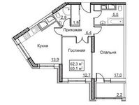 Планировка 2-комнатной квартиры, 62,3 м2