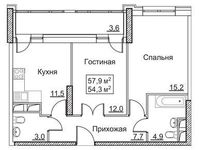Планировка 2-комнатной квартиры, 57,9 м2