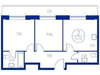 Планировка 2-комнатной квартиры, 53,5 м2