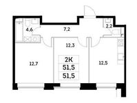 Планировка 2-комнатной квартиры, 51,5 м2