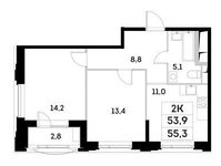 Планировка 2-комнатной квартиры, 53,9 м2