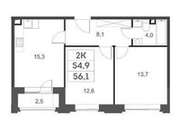 Планировка 2-комнатной квартиры, 54,9 м2