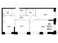 Планировка 3-комнатной квартиры, 83,3 м2