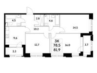 Планировка 3-комнатной квартиры, 78,5 м2