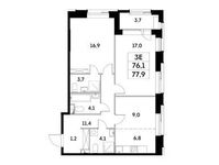 Планировка 3-комнатной квартиры, 76,1 м2