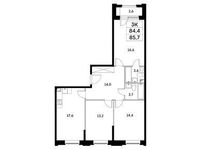 Планировка 3-комнатной квартиры, 84,4 м2