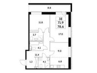 Планировка 3-комнатной квартиры, 71,9 м2