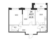 Планировка 2-комнатной квартиры, 60,9 м2